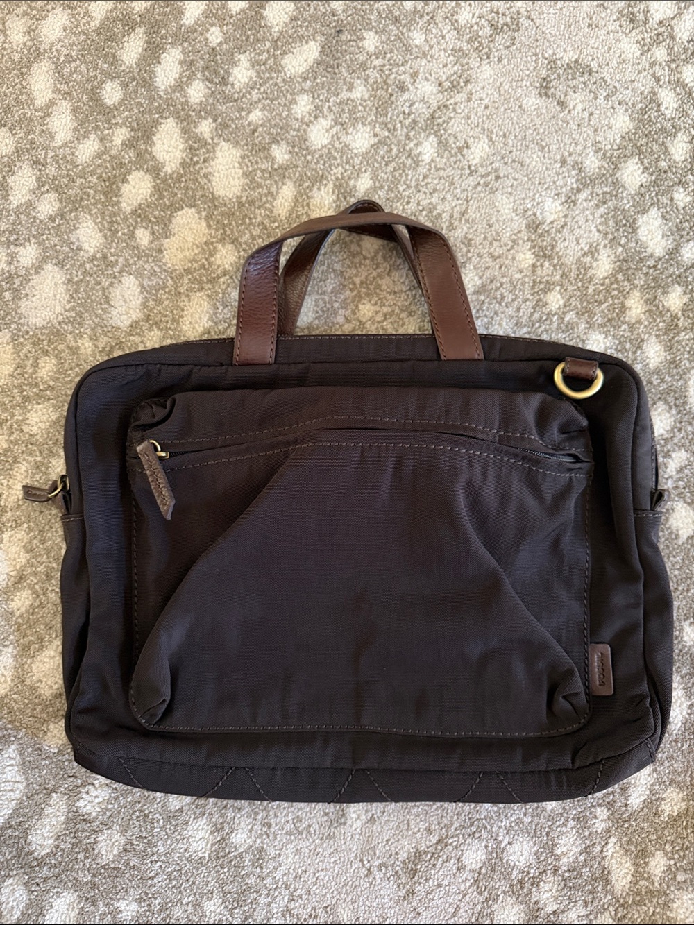 Fossil Mens  Brown Nylon Canvas Briefcase with Leather Handles and webbing strap